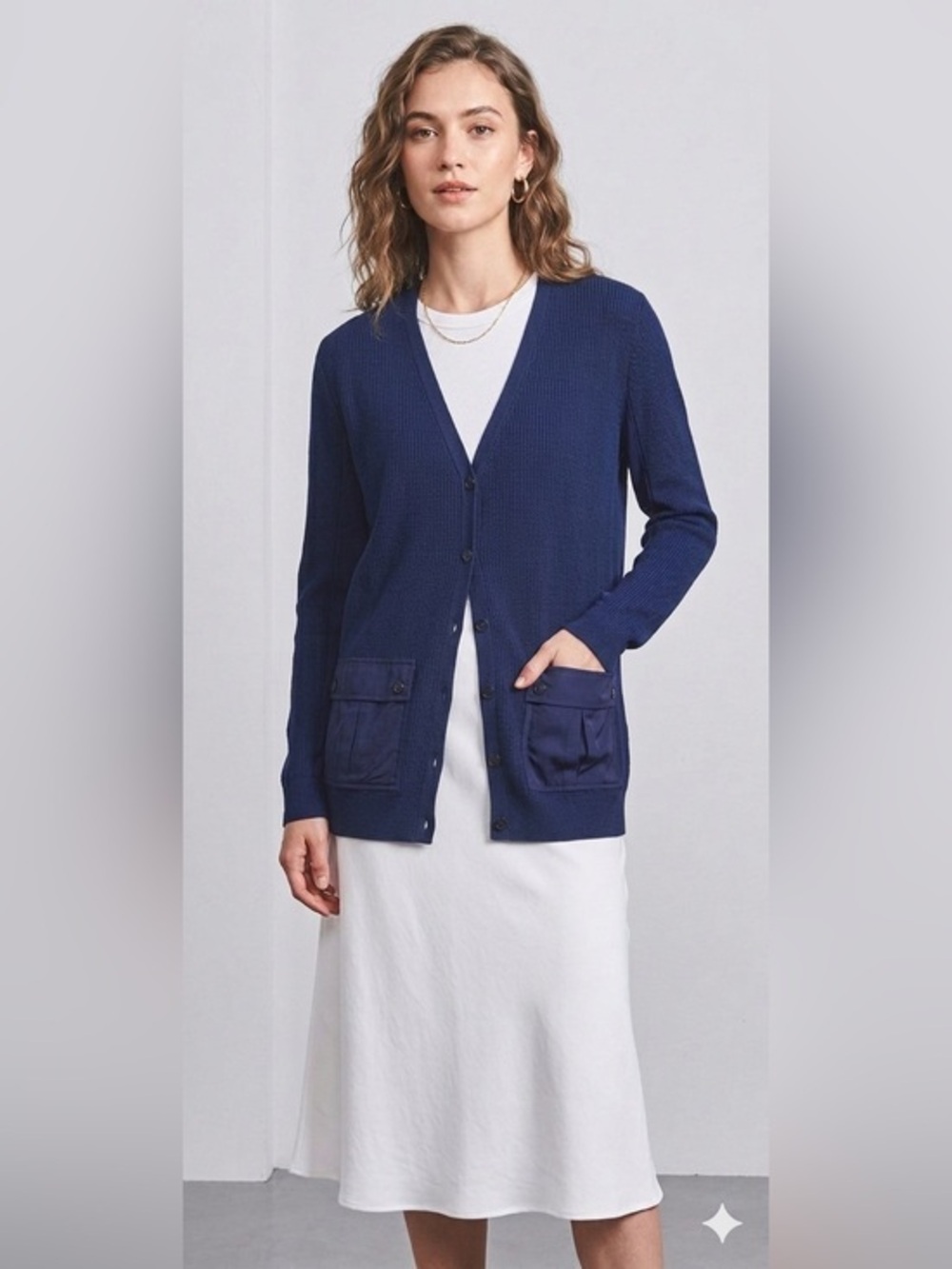 St. John Women’s Medium Navy Blue Wool Blend Cardigan Sweater Top Rib Knit M